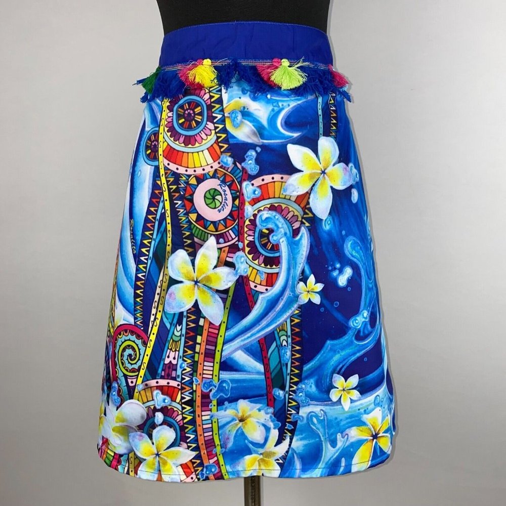 Rosalita McGee M Floral Patterned Artsy Abstract Pom Pom Accented Skirt